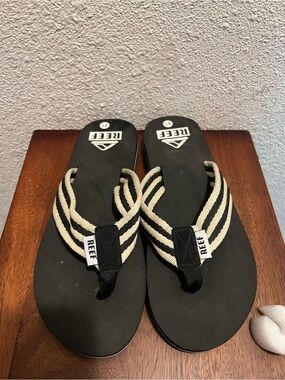 Reef Black Flip Flops with Cream Striped Straps